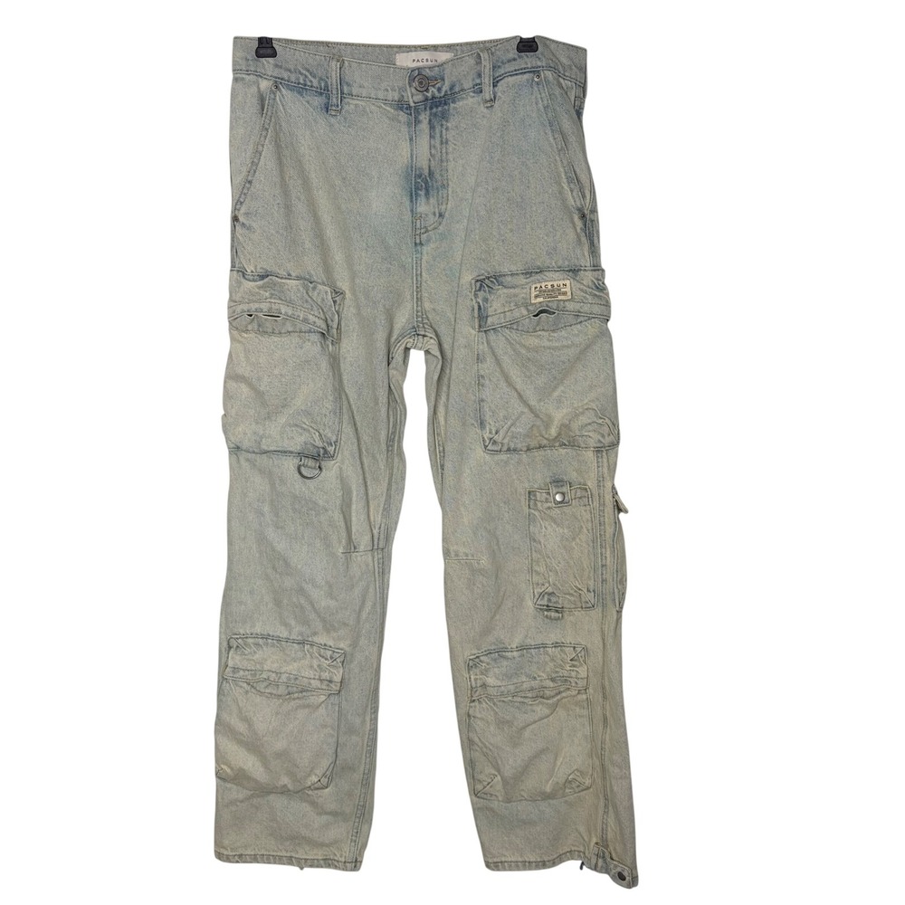PacSun Baggy Cargo Jeans Men 30x30 Light Vtg Wash Blue 100% Cotton Multi-Pocket